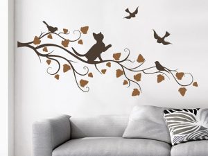 طرح دیواری استیکر اتاق جوان استیکر گربه روی شاخه  با گربه ها و پرندگان