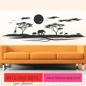 طرح استیکر و برچسب نصب شده روی دیواری قاره افریقا و جنگل آفریقا و خورشید و ابر درخت و فیل زرافه