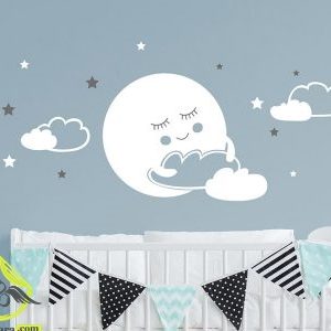 طرح برچسب استیکر اتاق کودک ستاره و ماه خوابیده و تعدادی ابر سفید برای کودکان