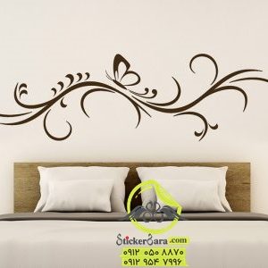 طرح استیکر دیواری گل پیچک و پروانه روی دیوار اتاق خواب پشت تخت خواب یا استیکر بالای تخت