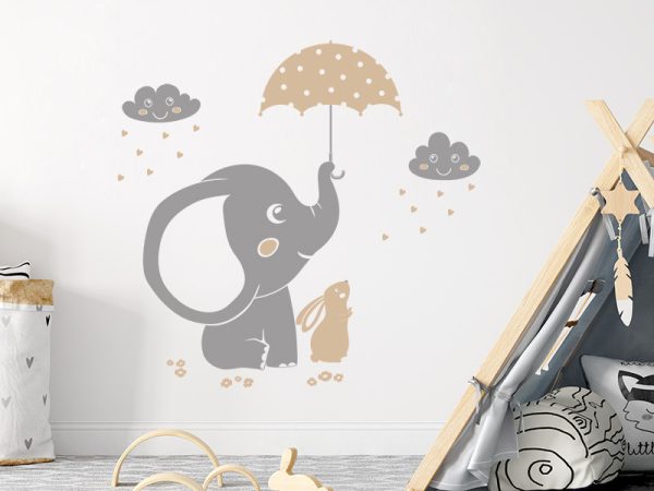 برچسب ارزان اتاق کودک طرح نصب شده روی دیوار استیکر دیواری فیل و خرگوش چتر و ابر در اتاق بچه دخترانه و پسرانه