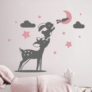 برچسب دیواری زیبا با خرگوش و آهو بامزه همراه با ماه وستاره در کمترین زمان اتاق کودک یا کودک