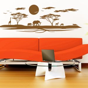 طرح منظره استیکر و برچسب نصب شده روی دیواری قاره افریقا و جنگل آفریقا و خورشید و ابر درخت و فیل زرافه