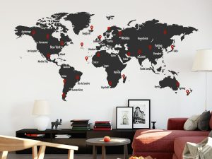 طرح استیکر نصب شده در اتاق خواب نقشه جهان برچسب دیواری با پین قرمز برای شناسای کشور های مهم پذیرای