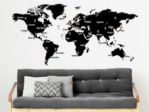 شهرها و کلان شهرهای زیر در این نقشه جهان مشخص شده اند: نیویورک، ونکوور، لس آنجلس، انکوریج، میامی، مکزیکو سیتی، کاراکاس، لیما، ریودوژانیرو، بوئنوس آیرس، ریکیاویک،