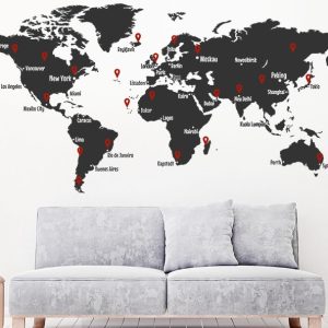 طرح استیکر نصب شده در اتاق خواب نقشه جهان برچسب دیواری با پین قرمز برای پذیرای