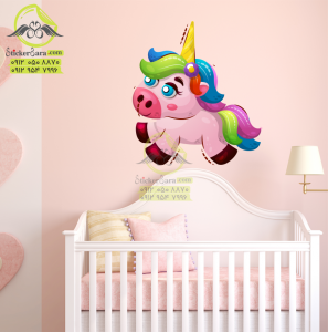 طرح جدید استیکر اتاق کودک روی دیوار اسب شاخدار جادویی شیرین برای روی تخت رنگ دیوار صورتی