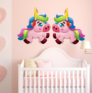 طرح استیکر اتاق کودک روی دیوار اسب شاخدار جادویی شیرین برای روی تخت رنگ دیوار صورتی
