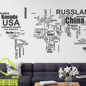 نقشه جهان استیکردیواری ساخته شده از نام کشورها   طرحی اصلی و بسیار دقیق برای دکوراسیون دیوار