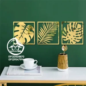 قیمت و خرید آینه دکوراتیو قاب انجیر در رنگ طلایی سه تیکه نصب شده در پذیرایی