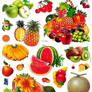 دکور آشپزخانه با برچسب انواع میوه ها برای یخچال یا استیکر برای تزئین کابینت آشپزخانه انواع میوه‌ای موز،سیب،آناناس،هندوانه،انبه،پرتقال،گیلاس،کیوی،انگور،شلیل،توت فرنگی