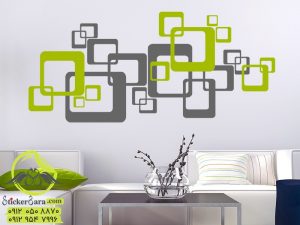 اشکال هندسی مربع های مدرن برچسب دیواری به رنگ سبز و توسی به عنوان استیکر بر روی دیوار اتاق پذیرای یا اتاق خواب