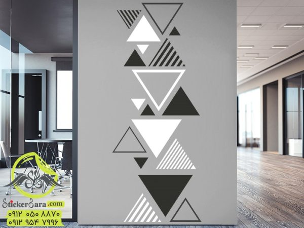 طرح برچسب ترکیب رنگ استیکر دیواری مثلث های مدرن: سفید و مشکی روی دیوار