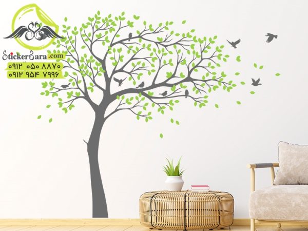 برچسب دیواری طرح درخت بزرگ با دسته ای از پرندگان برای نصب روی دیوار