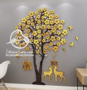آینه دکوراتیو پذیرایی درخت بهاری در رنگ مشکی و طلایی و سایز بزرگ.