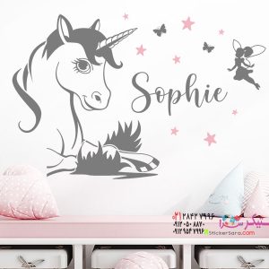 عکس استیکر دیواری اسب شاخدار با طرح اسم و پری