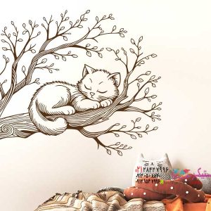 عکس برچسب دیواری شاخه با طرح بچه گربه خوابیده