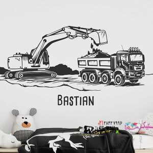 عکس برچسب دیواری محل ساخت و ساز بیل مکانیکی و کامیون