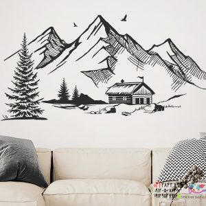 برچسب دیواری منظره کوهستانی با کلبه آلپی