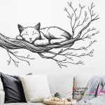 برچسب دیواری گربه خوابیده روی شاخه