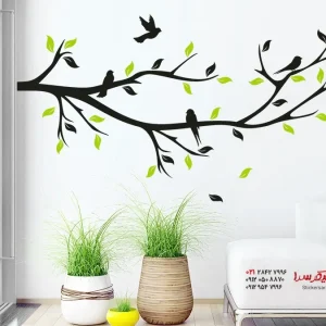 عکس به شاخه است و برگ‌ها و پرندگان برچسب دیواری شاخه تزئینی رنگارنگ