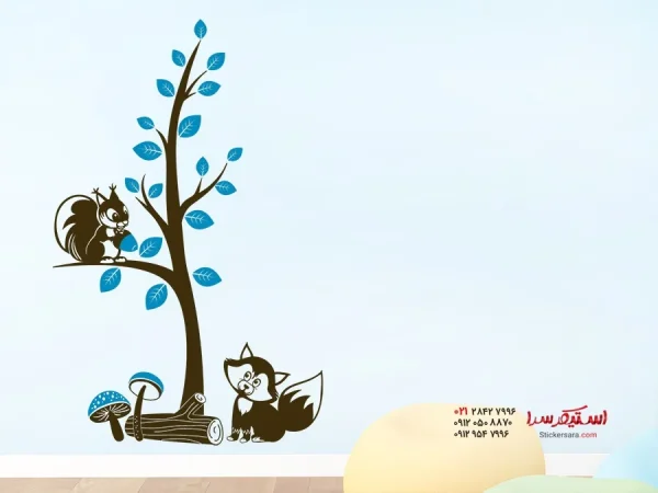 برچسب دیواری: درخت دو رنگ با روباه و سنجاب - تصویر 3