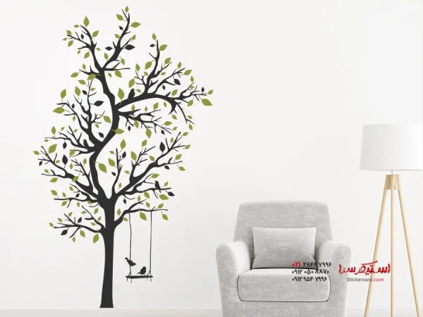 برچسب دیواری درخت شاخه‌دار با تاب و پرندگان - Image 2