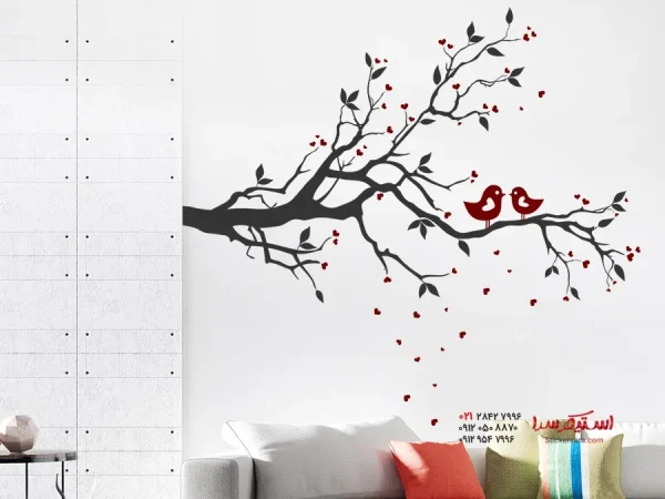 برچسب دیواری شاخه با طرح پرندگان و قلب - Image 2