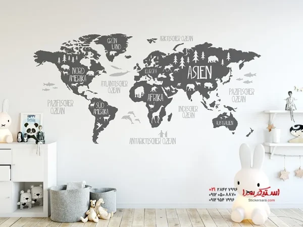 برچسب دیواری نقشه جهان با طرح حیوانات - Image 3