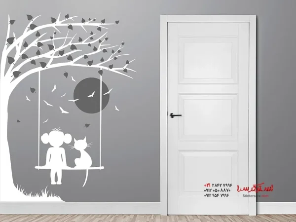 برچسب دیواری درخت با تاب، دختر و گربه - Image 4