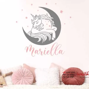 استیکر دیواری اسب تک شاخ در ماه با اسم دلخواه