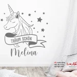استیکر دیواری اسب تک شاخ رویایی با اسم دلخواه