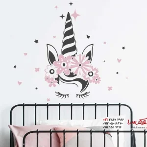 استیکر دیواری طرح اسب تک شاخ با گل