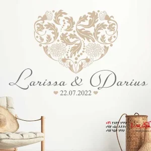 استیکر دیواری طرح قلب باروک با نام و تاریخ