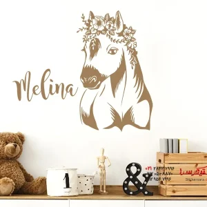 استیکر دیواری کره اسب با حلقه گل و اسم دلخواه