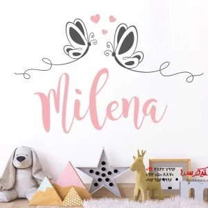 برچسب دیواری اسم با طرح پروانه و قلب