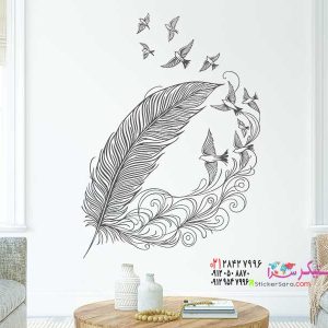عکس برچسب دیواری با طرح پر و پرنده در حال پرواز