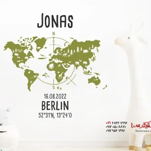 برچسب دیواری با نام دلخواه و نقشه جهان