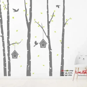 برچسب دیواری جنگل توس با پرندگان