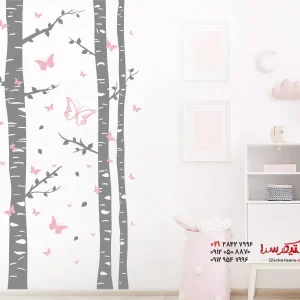 برچسب دیواری جنگل توس با پروانه ها