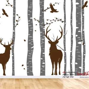 عکس برچسب دیواری جنگل توس با گوزن