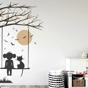 برچسب دیواری درخت با تاب، دختر و گربه