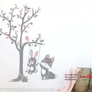 برچسب دیواری درخت با طرح روباه و خرگوش