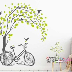 عکس برچسب دیواری درخت برگ ریز با دوچرخه
