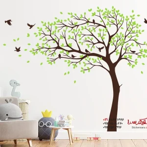 برچسب دیواری درخت بهاری با دسته پرندگان