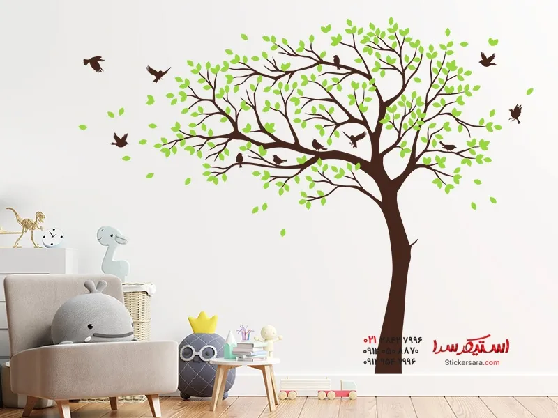 برچسب دیواری درخت بهاری با دسته پرندگان_تصویر برچسب دیواری درخت بهاری با دسته پرندگان