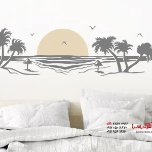 عکس برچسب دیواری ساحل با طرح درختان نخل