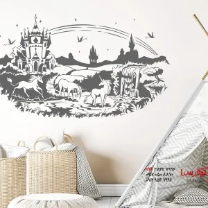 برچسب دیواری سرزمین افسانه‌ها با اسب‌های تک شاخ