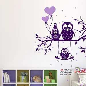 برچسب دیواری شاخه با خانواده جغدهای بامزه