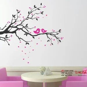 عکس برچسب دیواری شاخه با طرح پرندگان و قلب